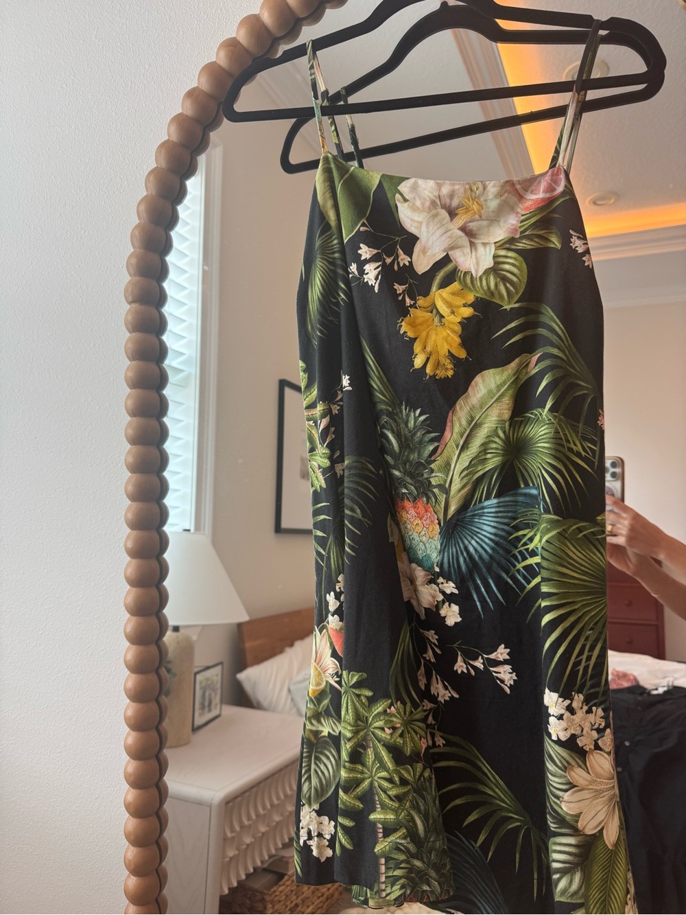 FARM Rio Black Tropical Floral Slip Dress with Green Foliage